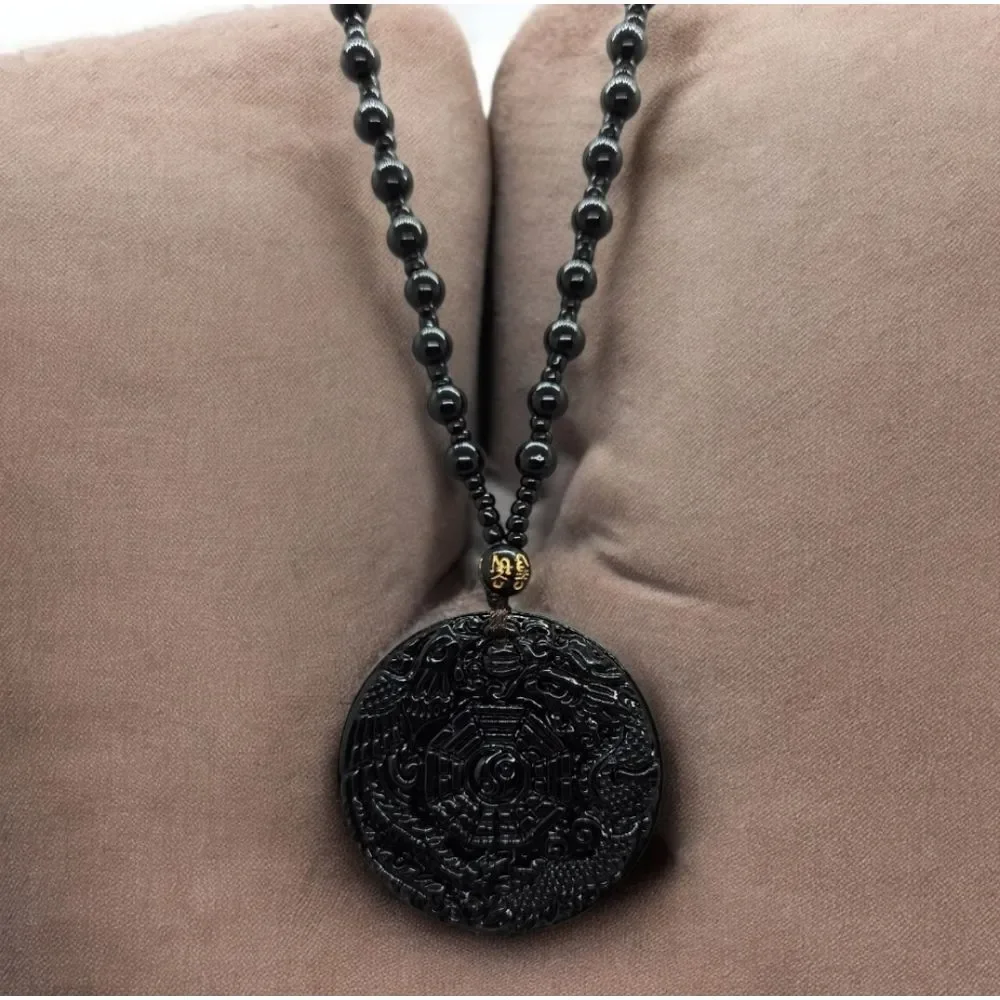Black Obsidian Dragon Phoenix Pendant Necklace Feng Shui Good Luck Charm Fantasy